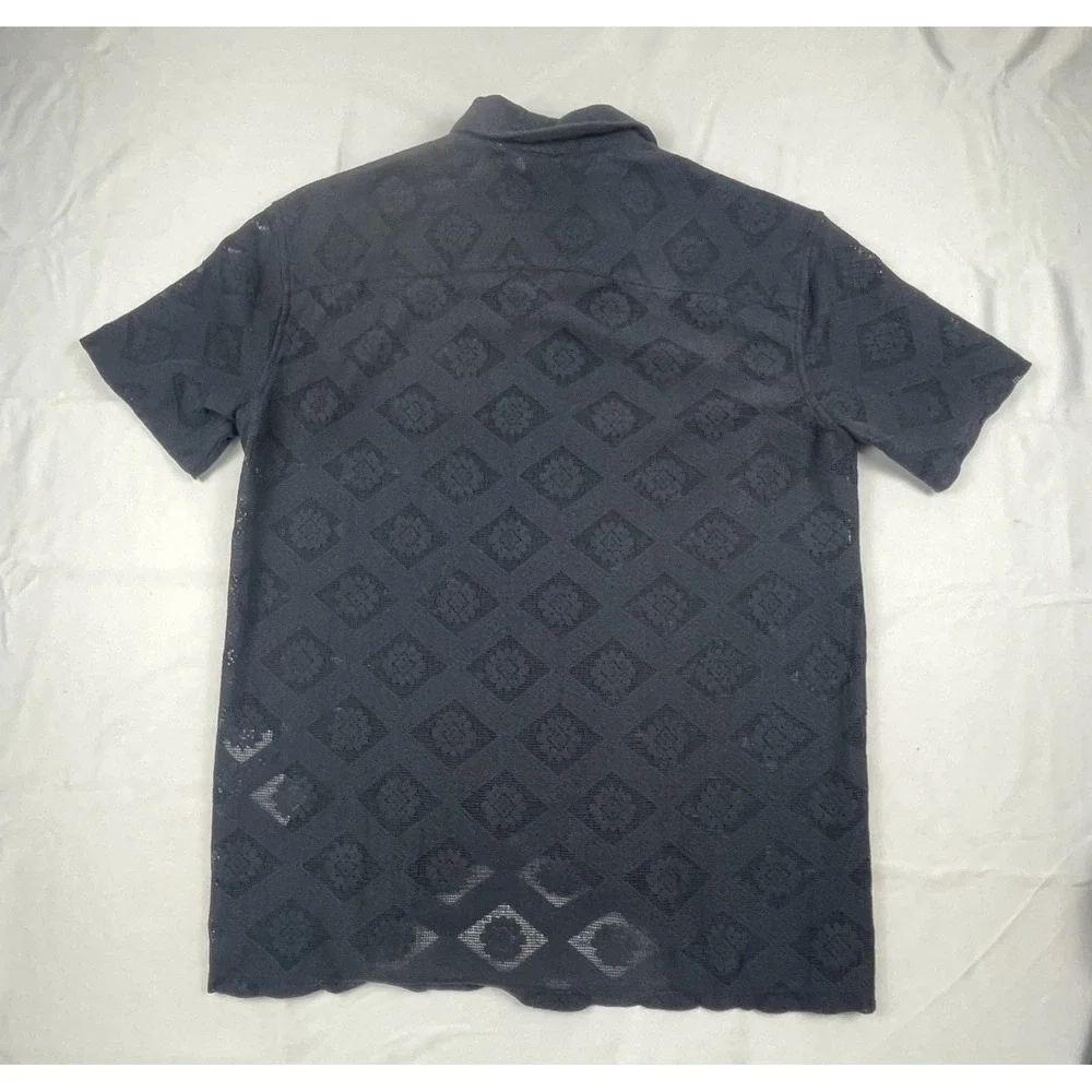 ABERCROMBIE & FITCH MENS XS BLACK GEOMETRIC OPEN KNIT CAMP SHIRT BUTTON FRONT